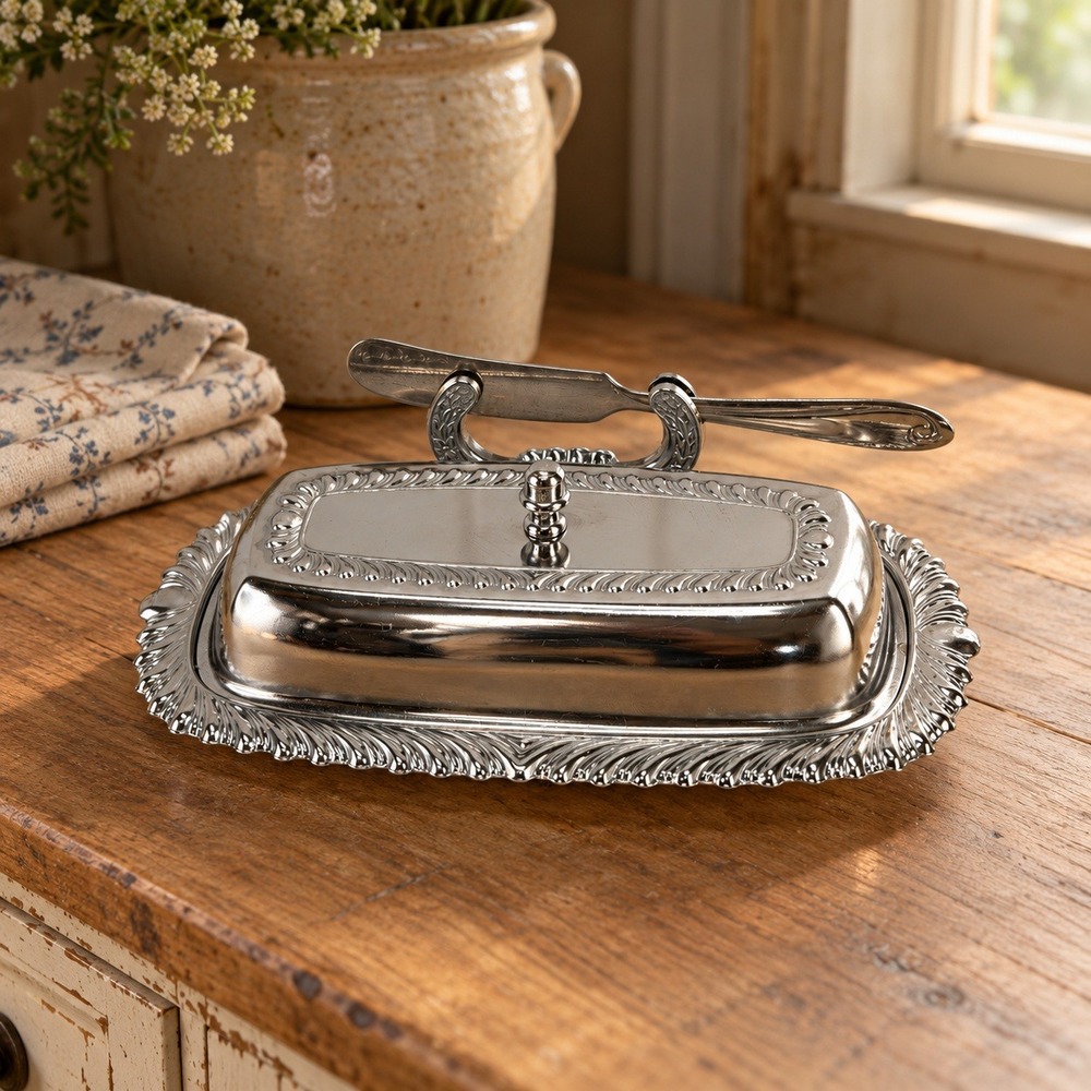 Silver Chrome Metal Glass Butter Dish with Knife Holder Cottagecore Boho OS